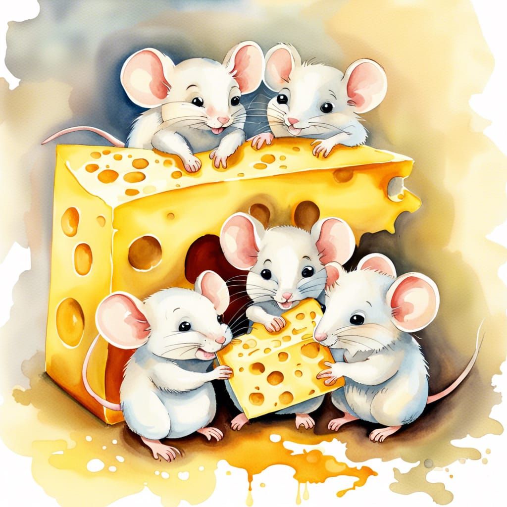 Cute Mice Build Cheese House in Watercolor