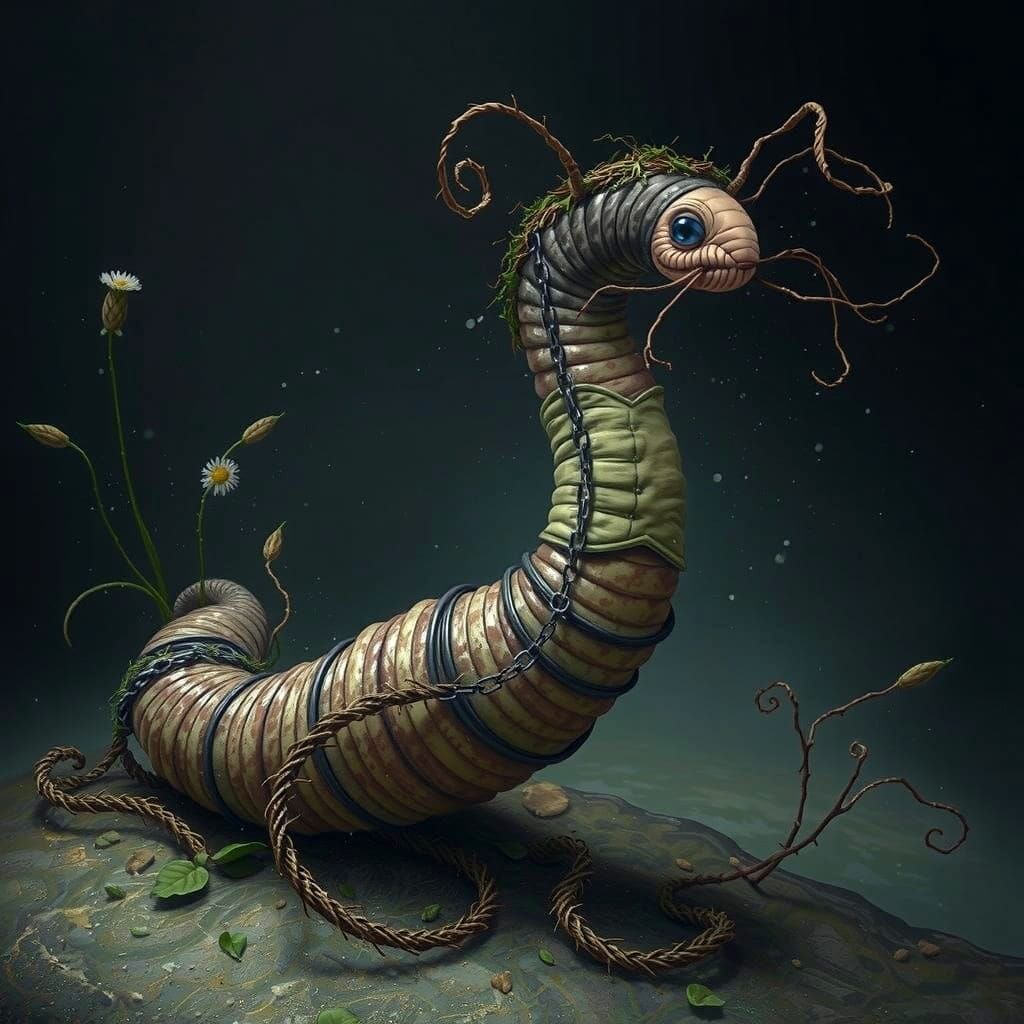 Emotive Worm Weeping on Wharf in Dreamlike Style