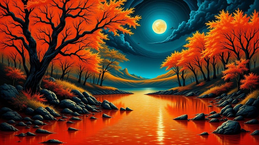 Vibrant Orange Ukiyo-e Landscape with Gold Accents