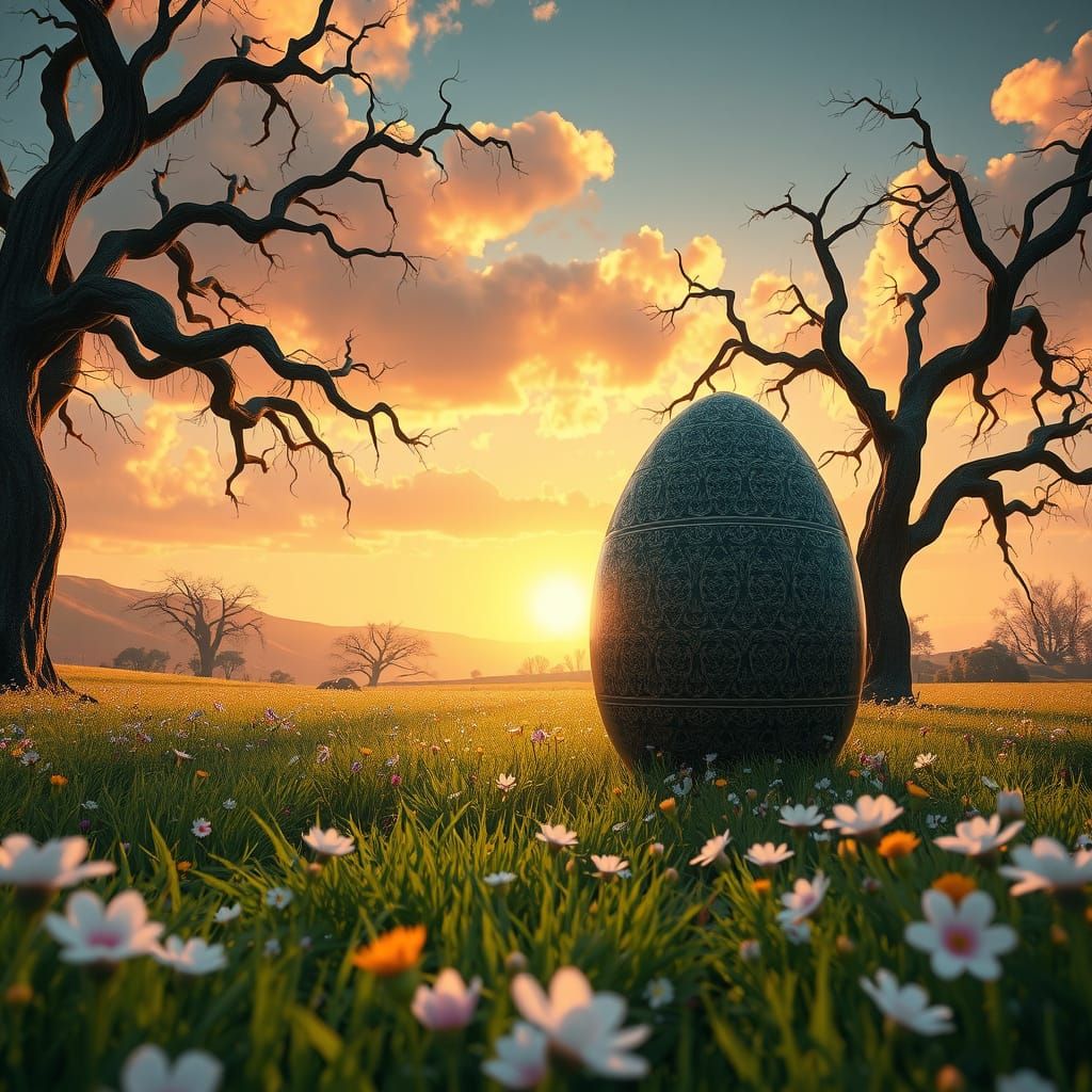 Whimsical Easter Scene in Vibrant Meadow