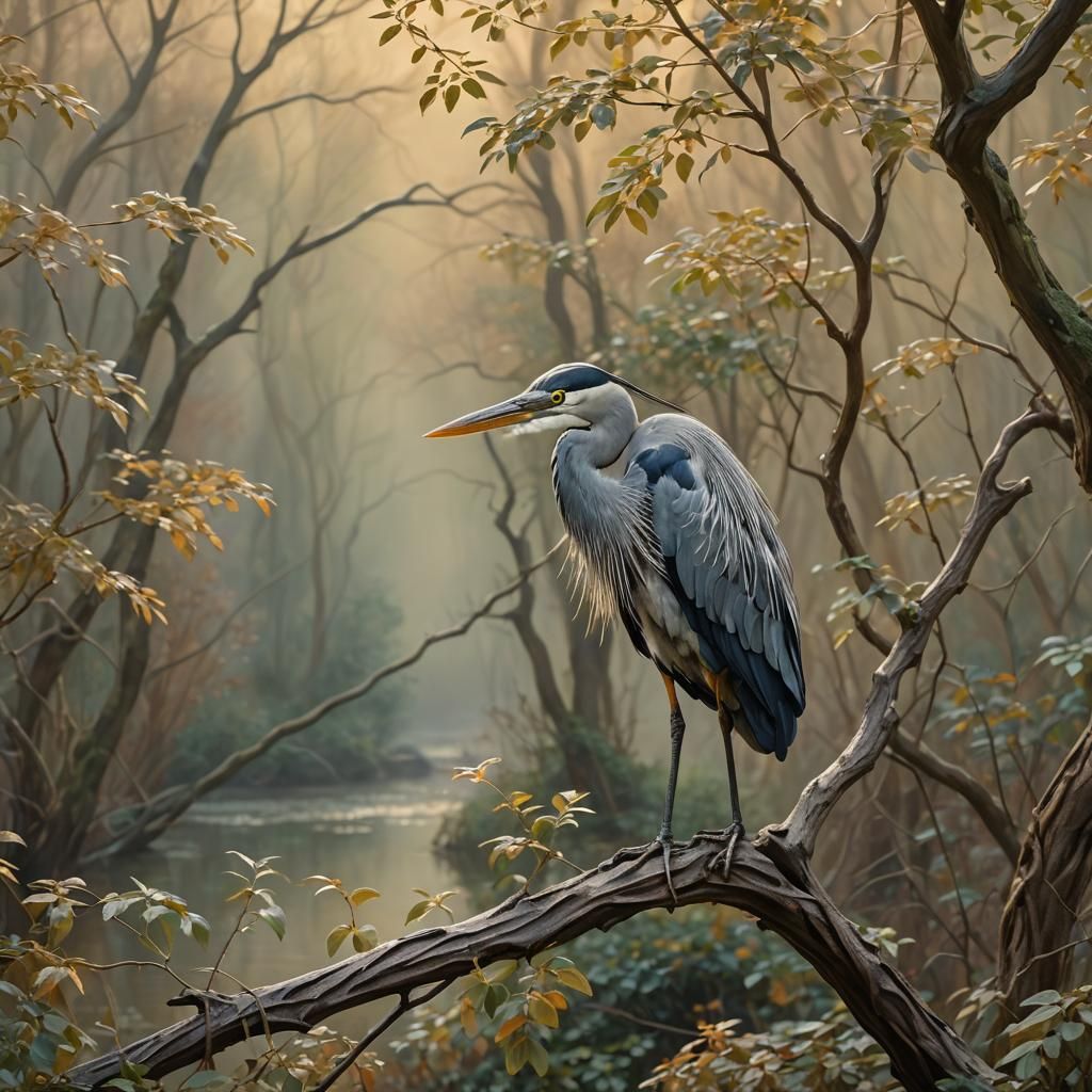 Impressionist Heron Sculpture in Golden Light