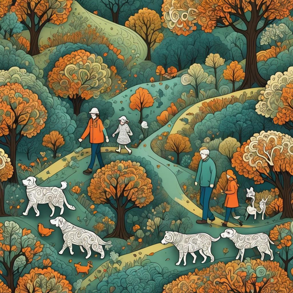Autumn Park Walk: Family and Pets in Abstract
