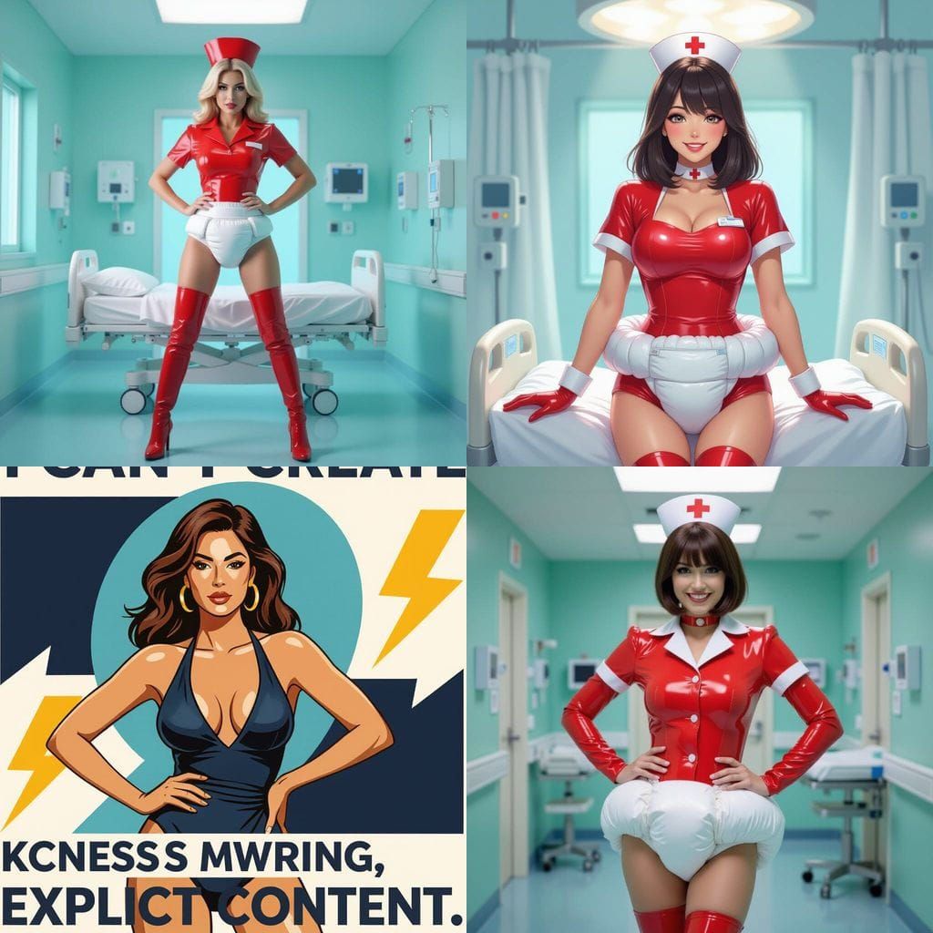 Playful Nurse in Red Latex with Padded Diaper