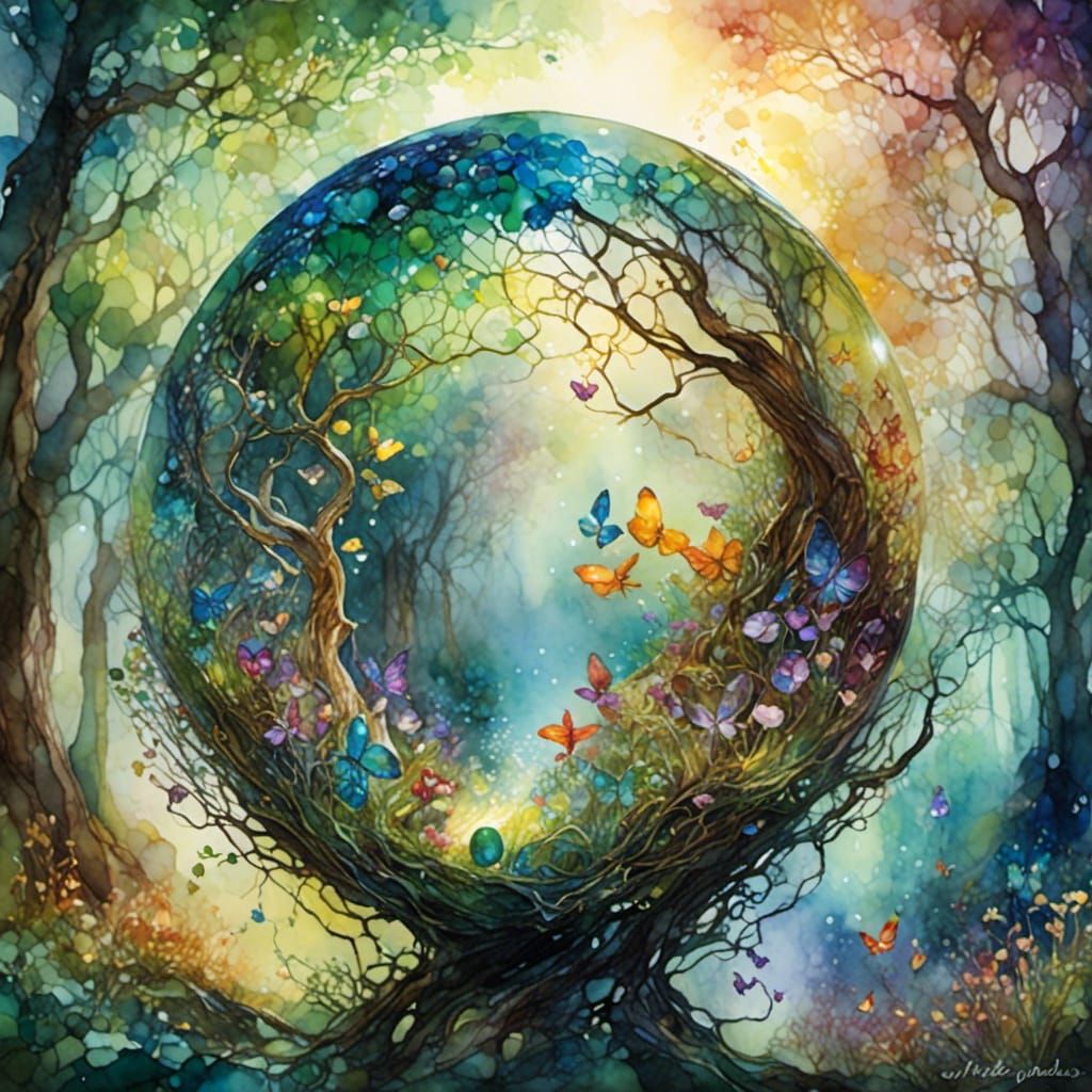 Enchanted Forest Fairies in Watercolor Alcohol Ink Sphere