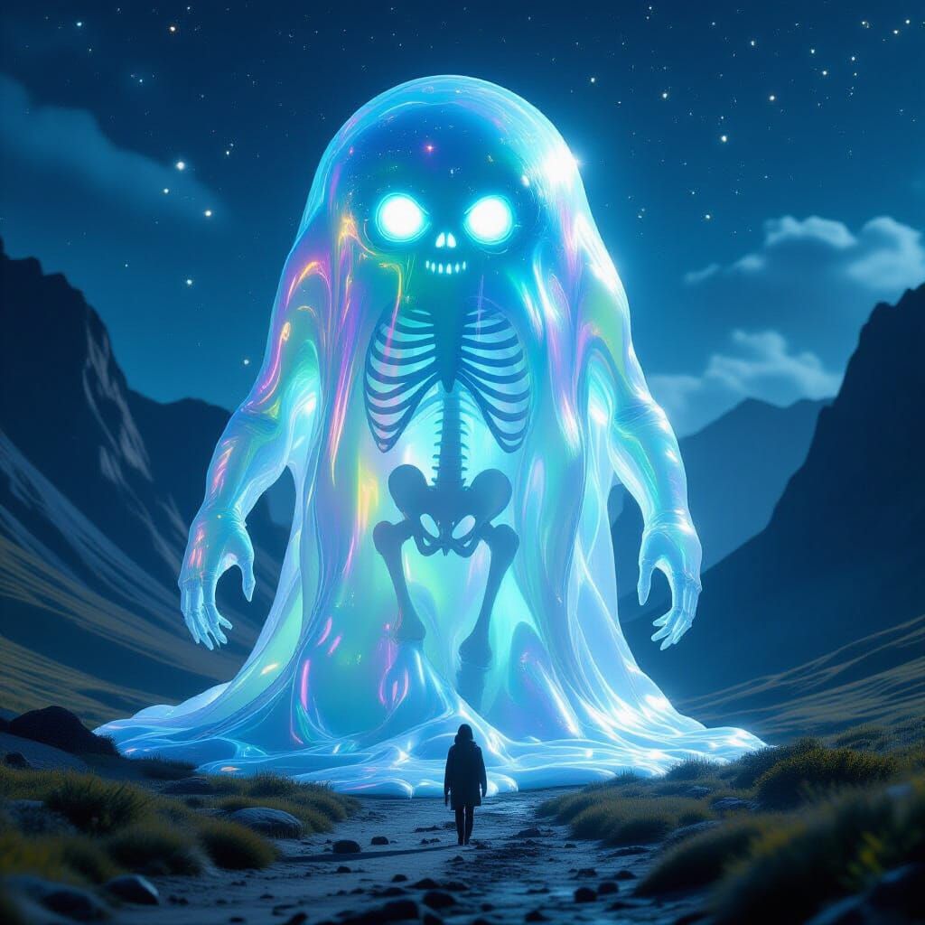 Iridescent Slime Giant Walks Through Valley