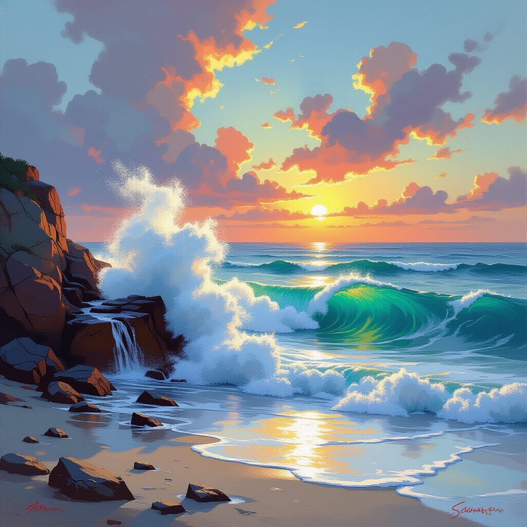 Serene Sunset Wave on Rocky Shoreline