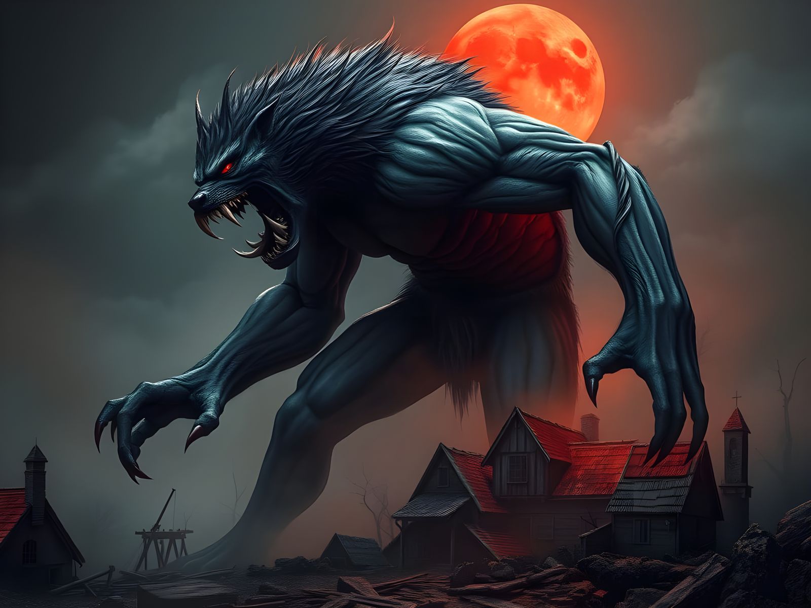 Werewolf Roaring in Foggy Forest Under Blood Moon