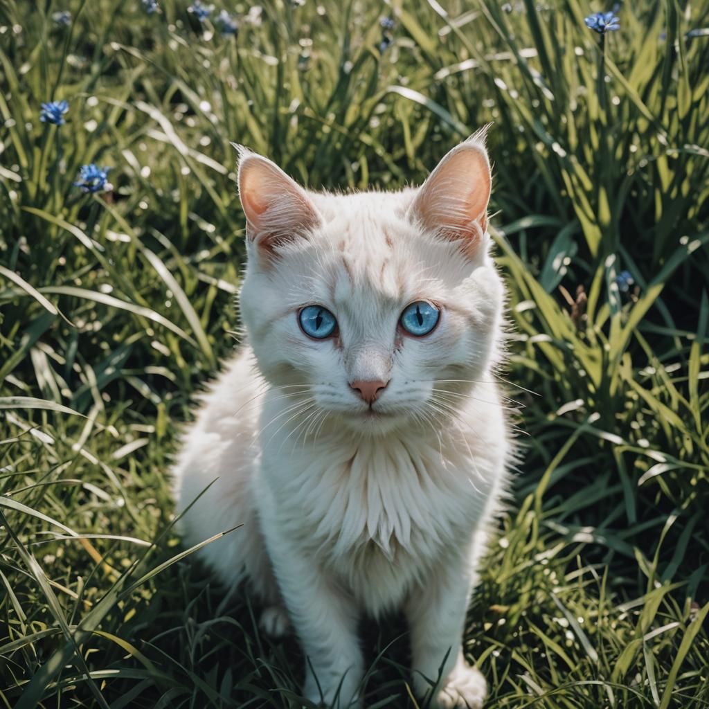 Portrait of a White Cat with Blue Eyes