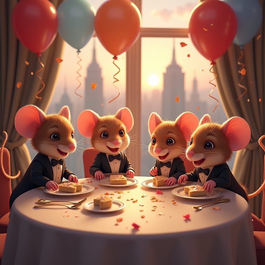 New Year's Celebration with 4 Mice in Whimsical 3D Anime Sty...