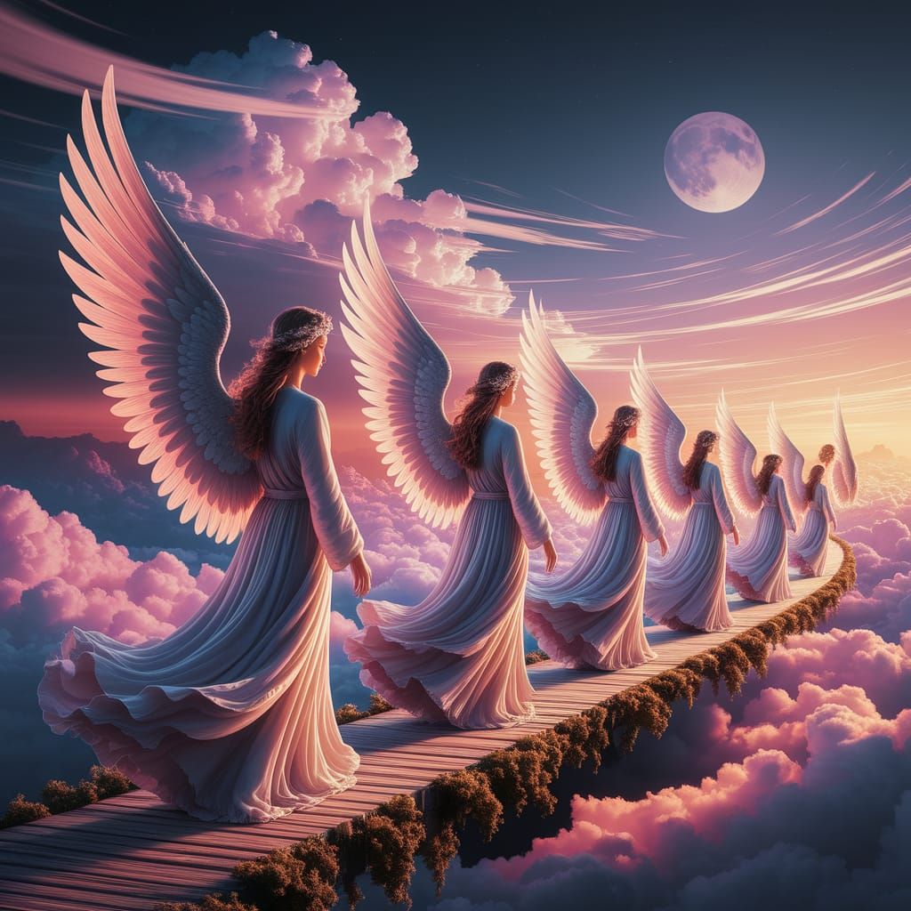 Angels in Silken Robes Walk Celestial Cloud Path