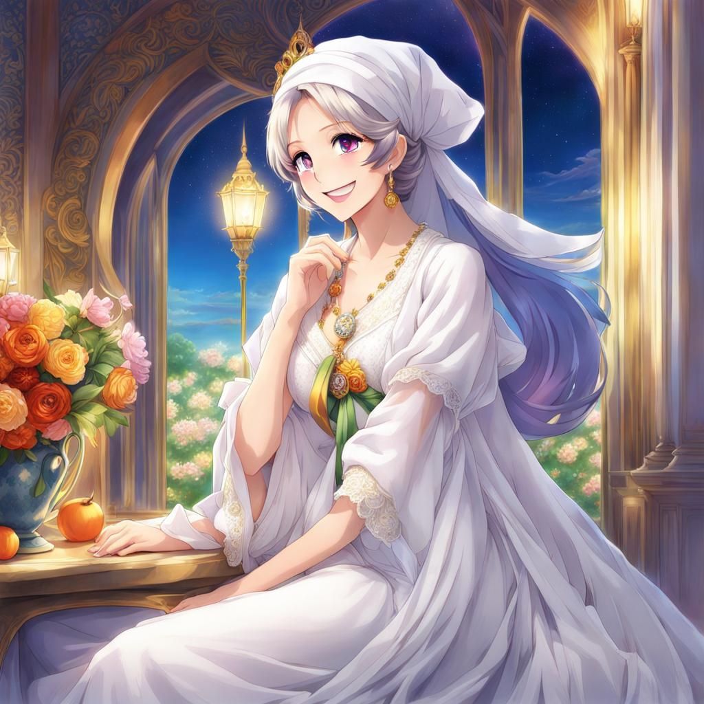 Glamorous Lady in Rainbow Nightgown: Anime Style