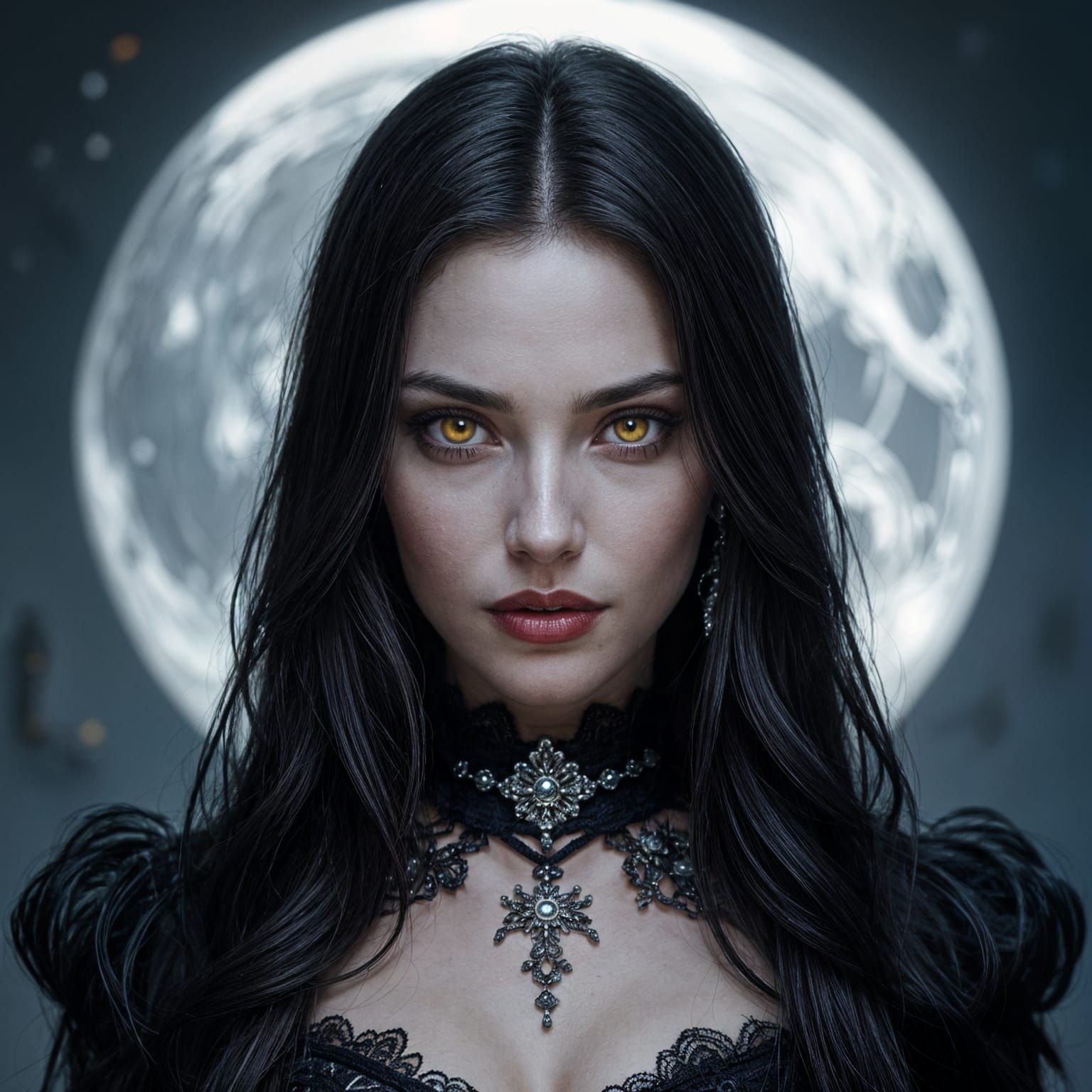 Gothic Vampire Woman Portrait with Silver Moon