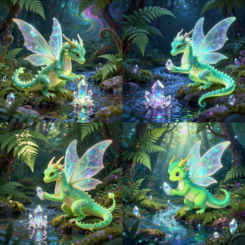 Neon Fairy Dragon Collects Crystals by Creek