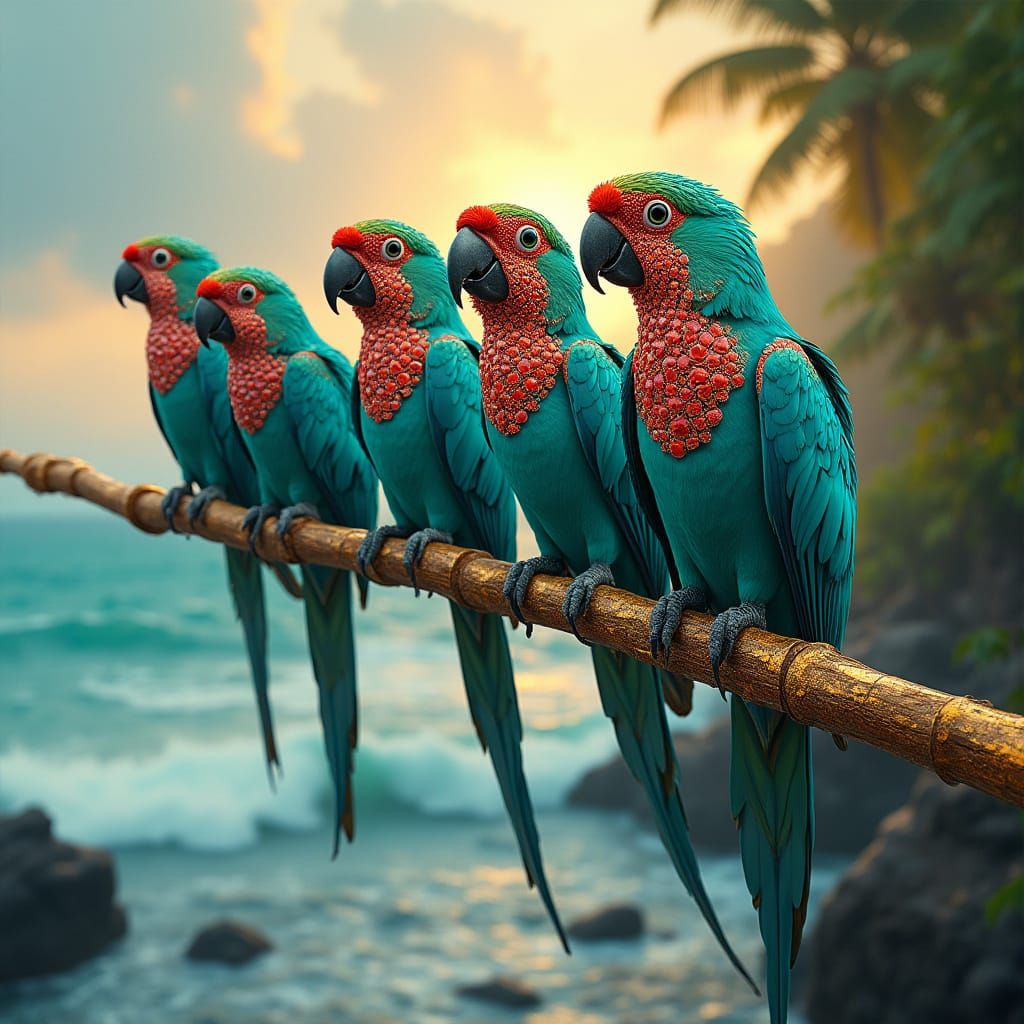 Vibrant Turquoise Parrots on Golden Stick in Tropical Sunset