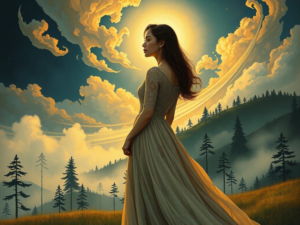 Surreal Woman Caught Between Day and Night, in Art Nouveau S...