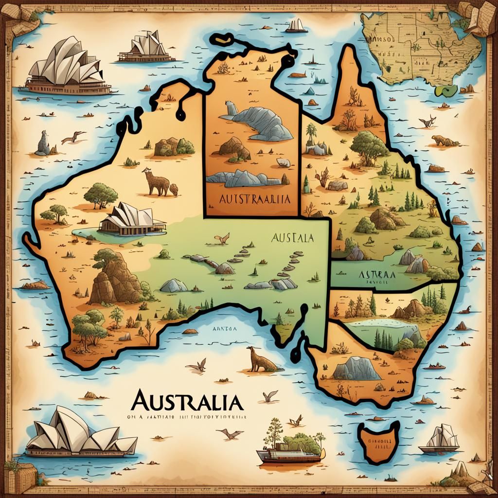 Delicately Illustrated Map of Australia in 8K HD
