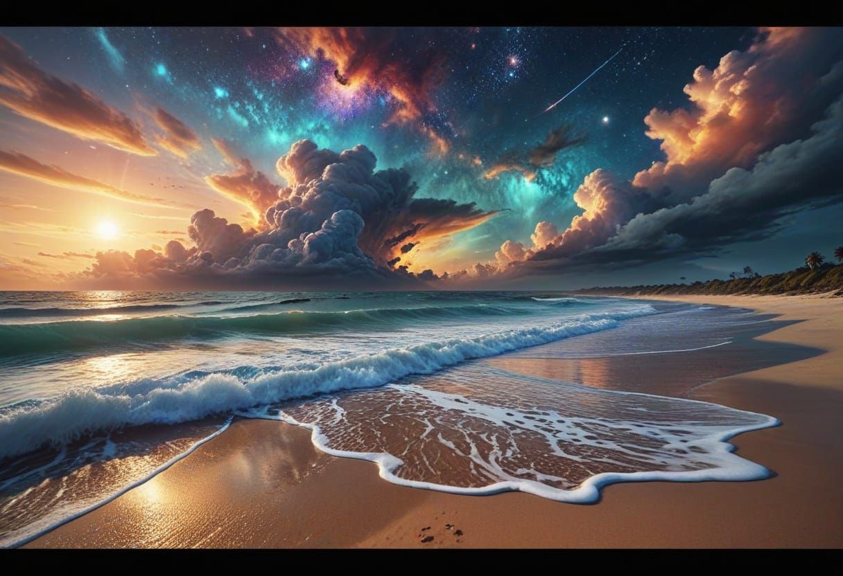 Cosmic Beach with Nebula Clouds in Fantasy Art Style