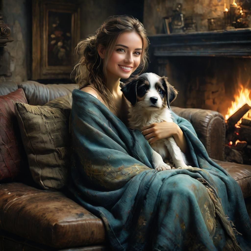 Woman with Puppy by Fireplace, Detailed Matte Painting