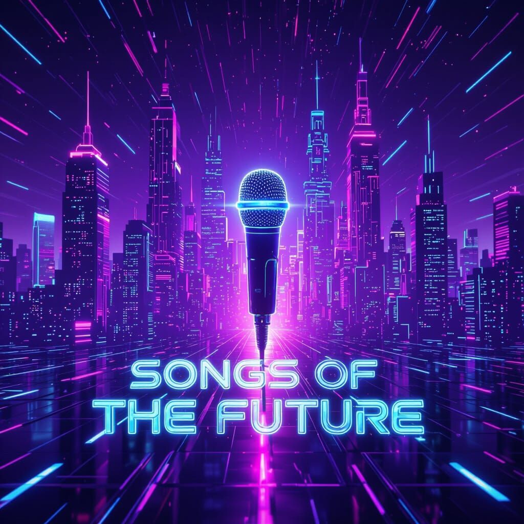 Futuristic Album Cover: Neon City with Glowing Microphone