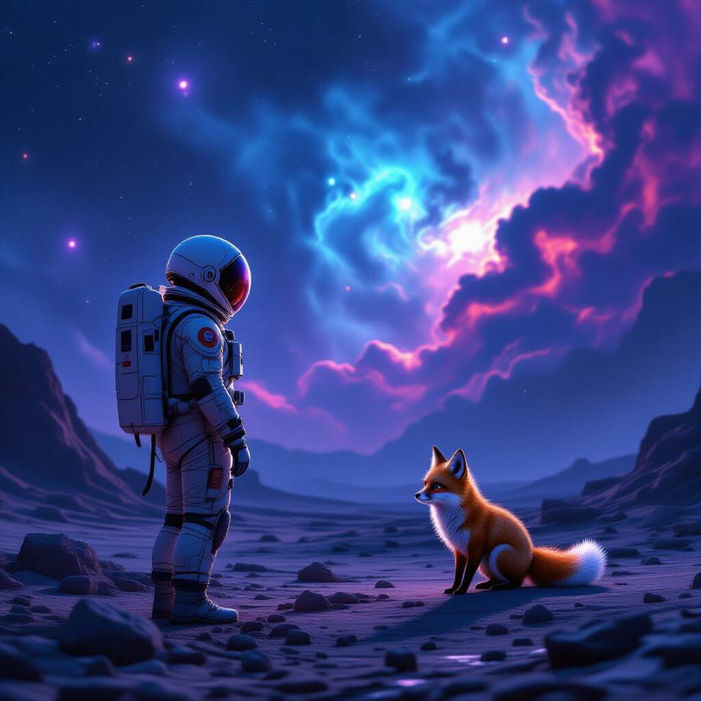Astronaut Encounters Alien Fox Under Nebula Sky