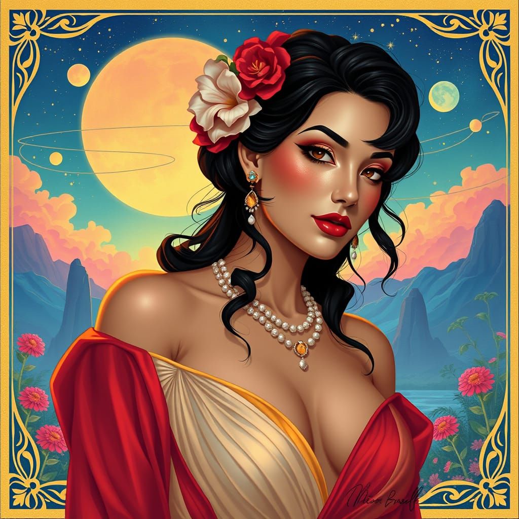 Ethereal Art Nouveau Goddess in Futuristic Dreamscape