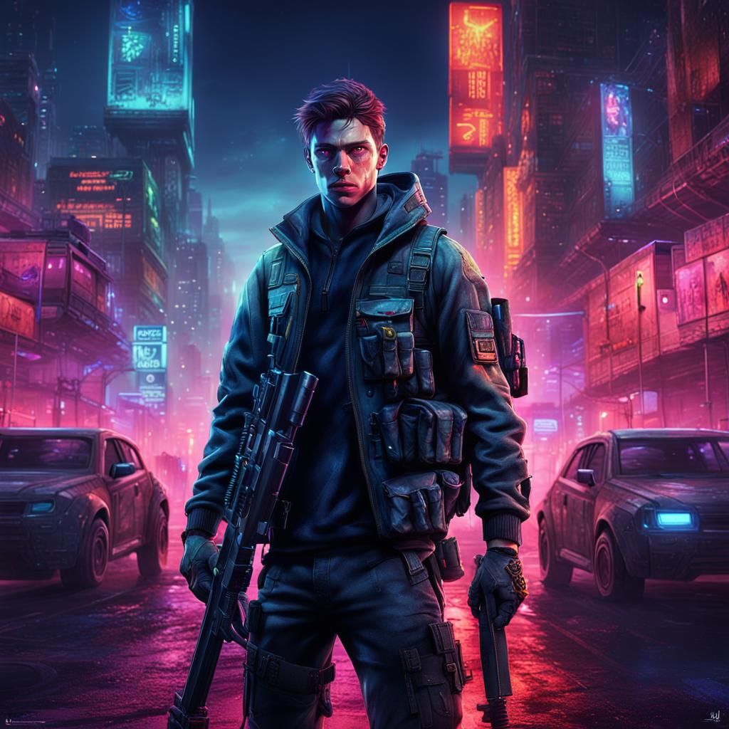 Dystopian Gunslinger in Neon Cityscape: Game Cover Art