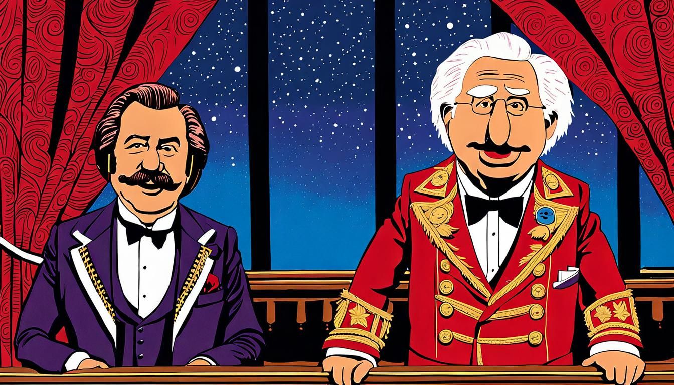 Nick Offerman dressed as Waldorf from the Muppets, alongside...