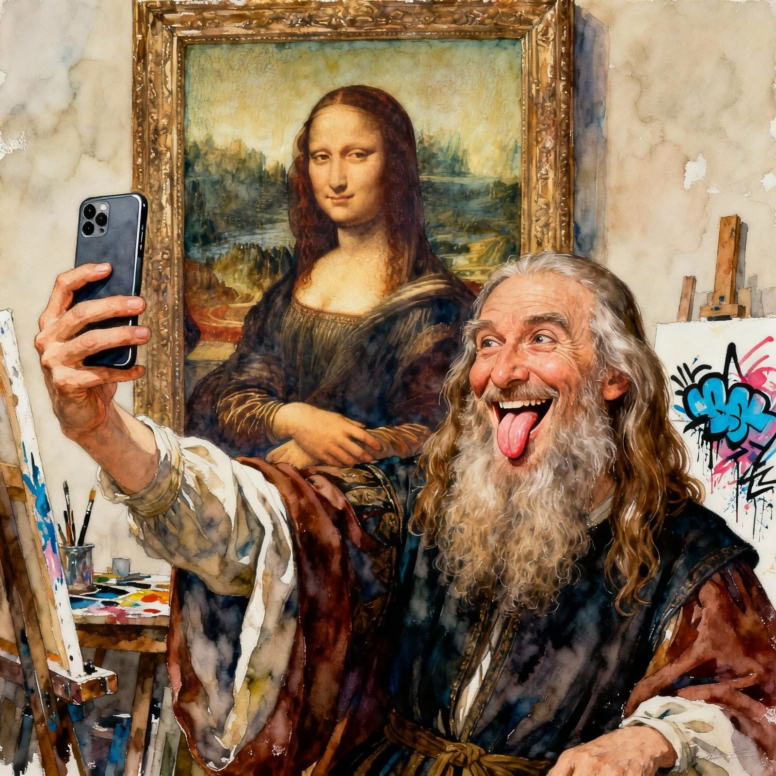 Leonardo da Vinci Takes a Humorous Selfie with Mona Lisa