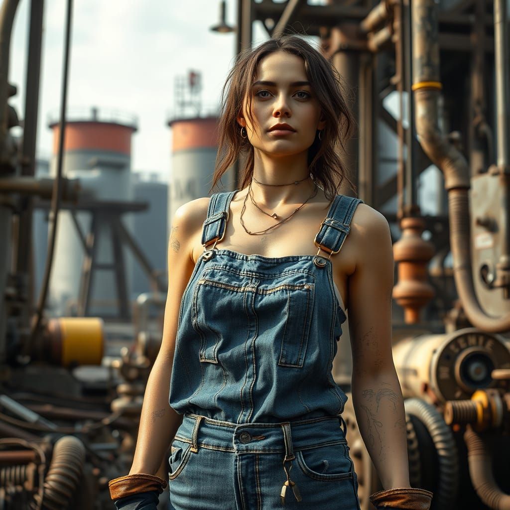 Industrial Woman Amidst Chaotic Drilling Operation