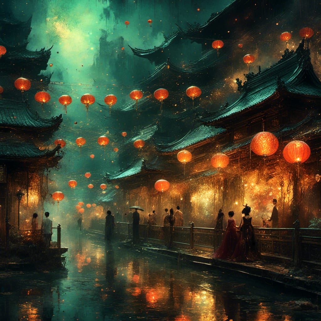 Rainy Night at Chinese Cafe: Impressionist Watercolor