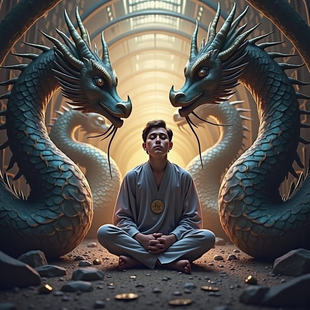 Mystical Dragons Meditating with a Man in Beksiński Style