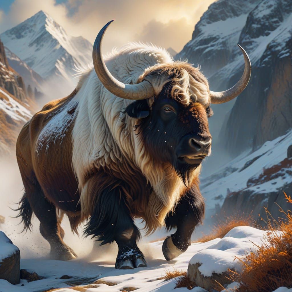 Majestic Yak Charges Through Snowy Mountain Pass in Vibrant ...