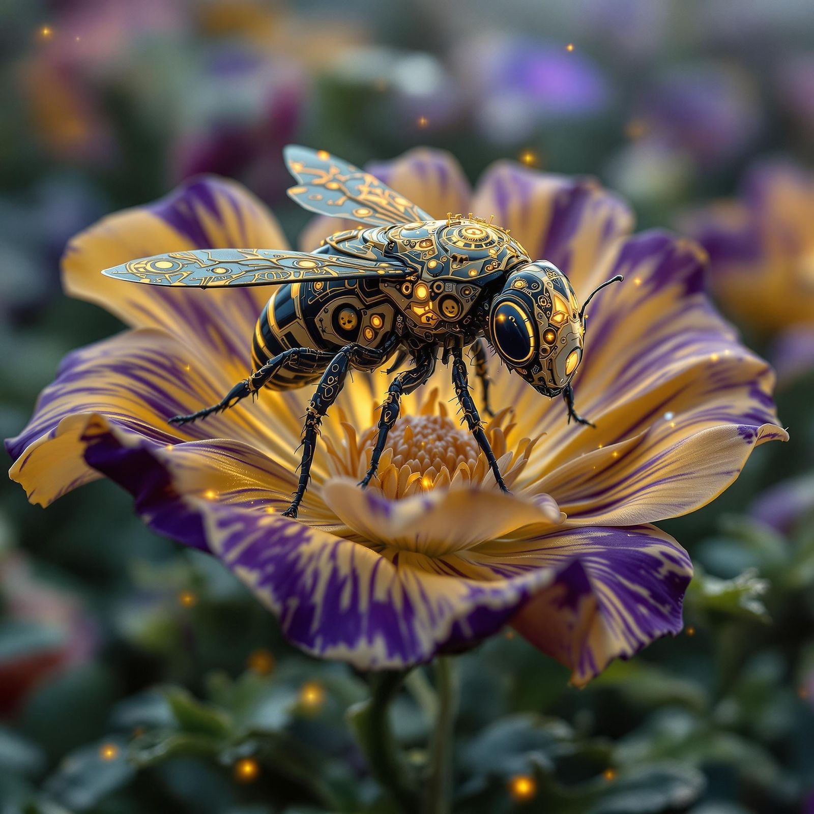 A mechanical wasp lands on a flower in an mischtechnik art style