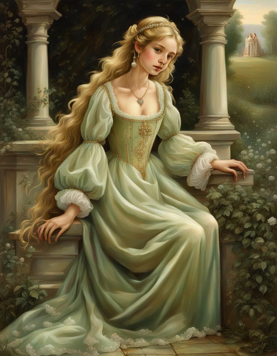 Renaissance Girl with Golden Hair in Garden