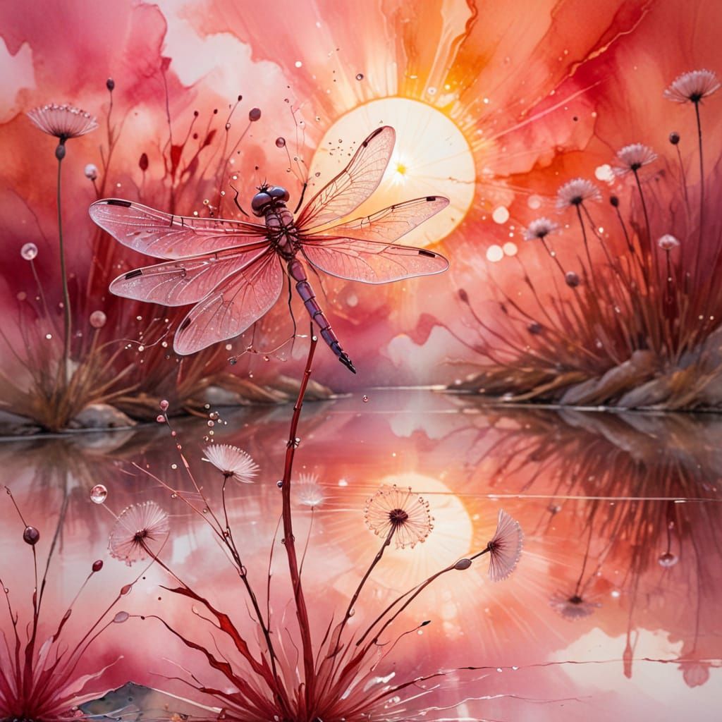 Dreamlike Dragonfly Dandelion in Watercolor Sunset