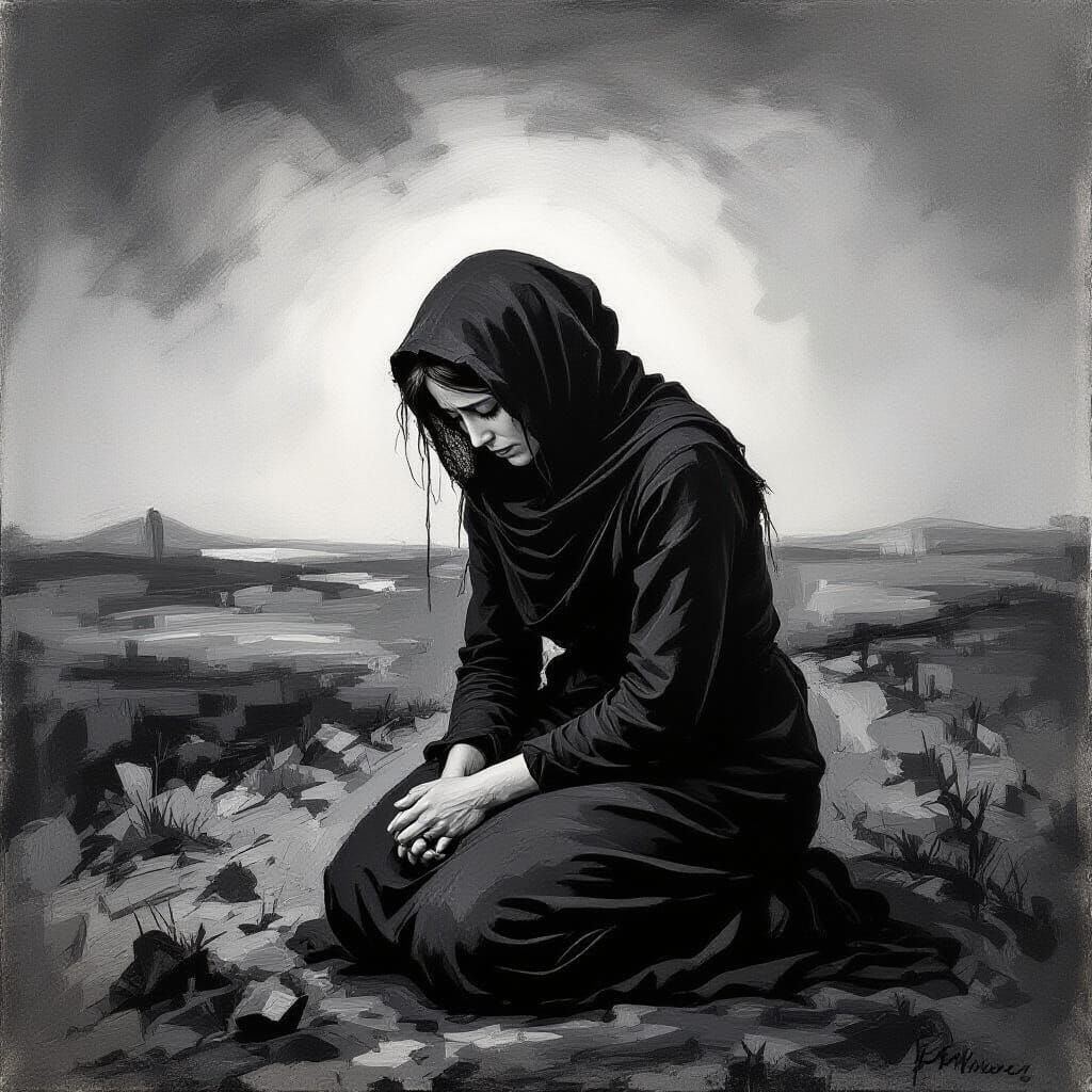 Grieving Mother in Desolate Landscape: Evocative Black-and-W...