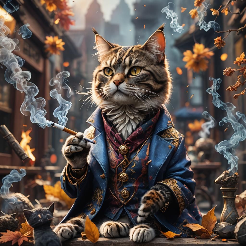 Hyperrealistic Cat Smoking in Detailed Matte Photography