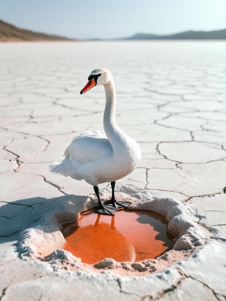 Swan on Cracked Salt Flat with Red Pond