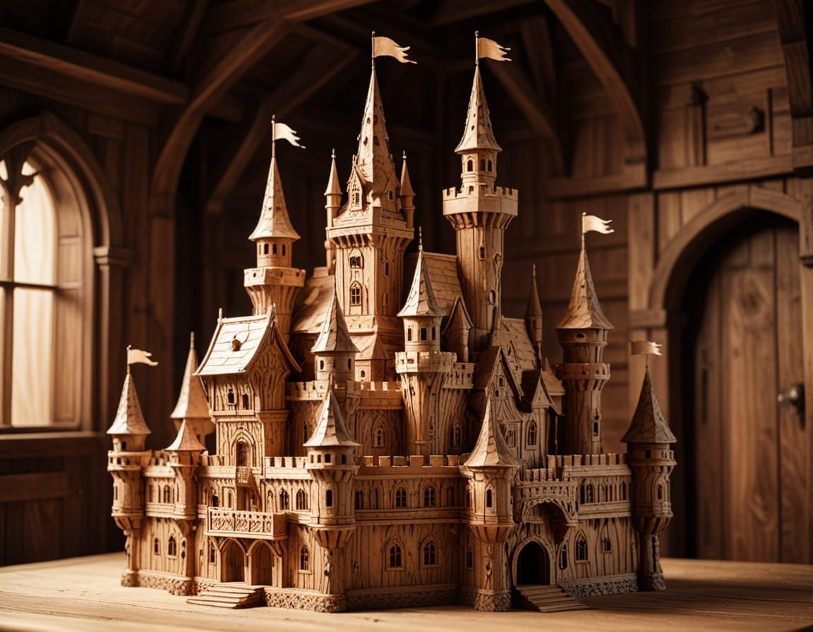 Sepia Wooden Castle Carving with Cinematic Lighting