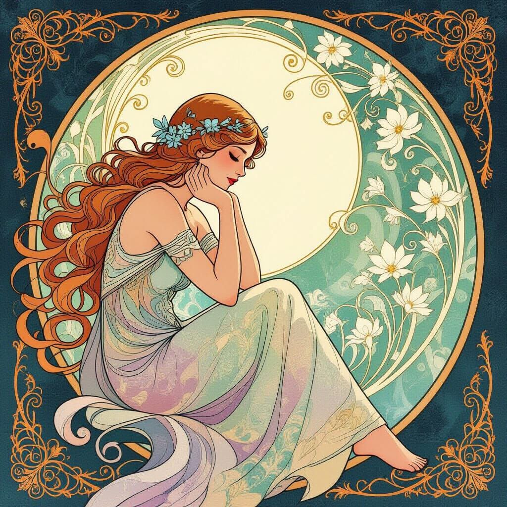 Art Nouveau Figure Seeking Dreams in Iridescent Colors
