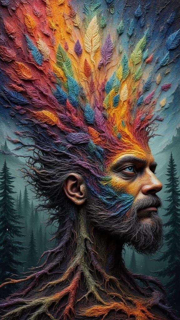Fractal Faced Man with Rainbow Moss in Dark Fantasy Style