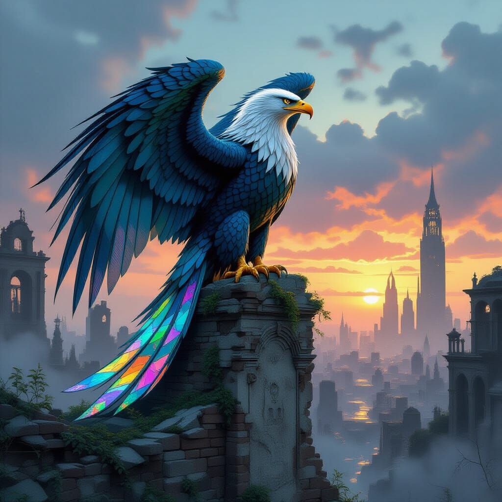 Eagle-Serpent Hybrid on Ruined Cityscape in Twilight