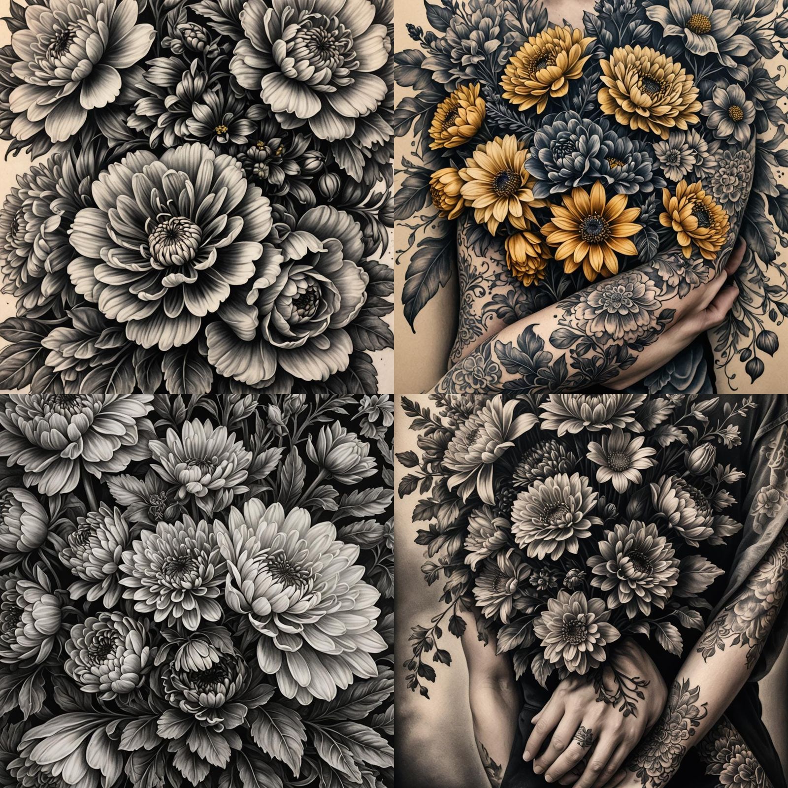 Vibrant Floral Sleeve in Charcoal Drawing
