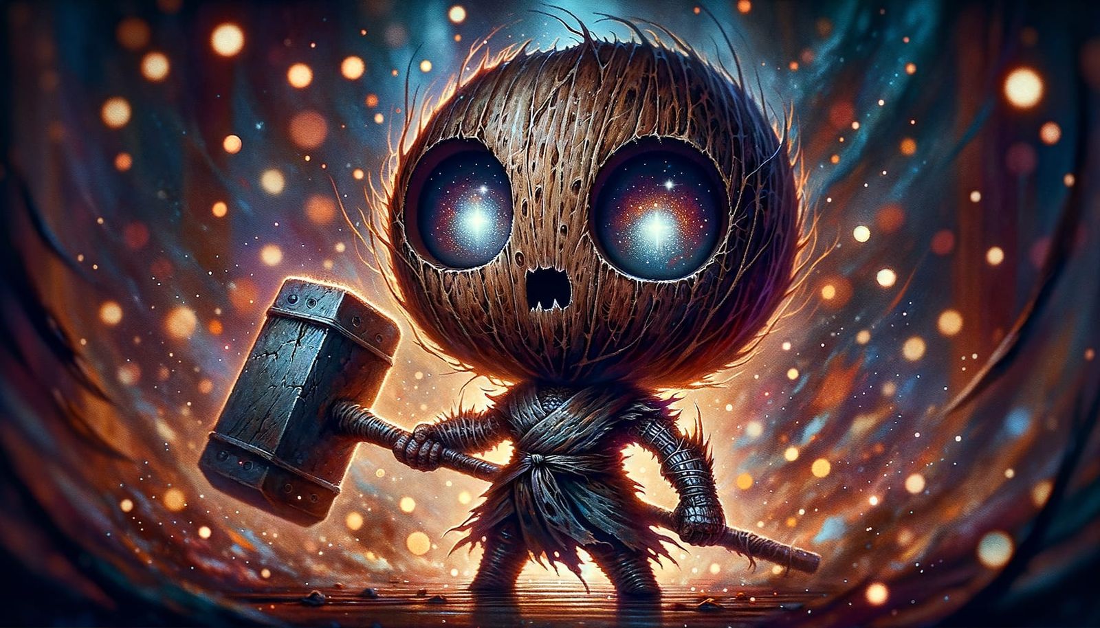 Menacing Coconut Chibi Warrior in Watercolor Style