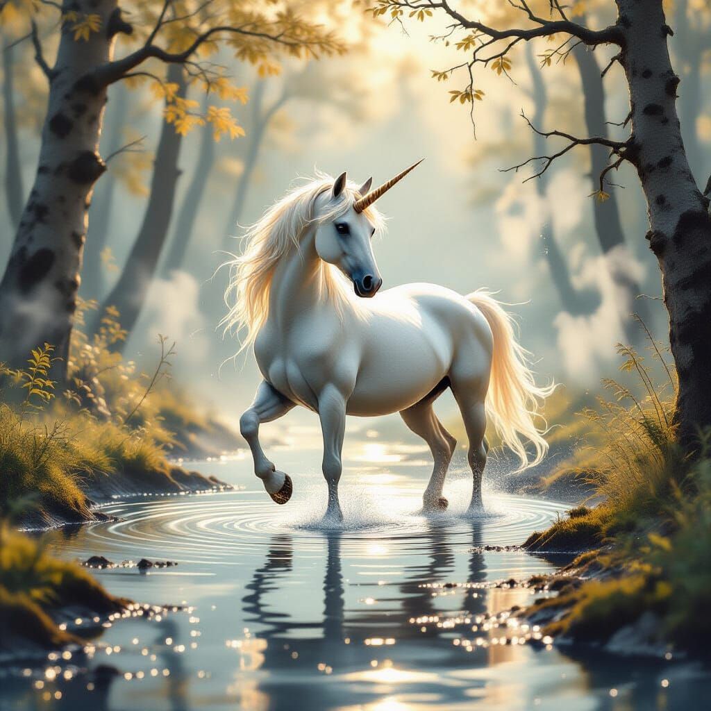 Golden Unicorn Dissolves into Misty Forest Puddle
