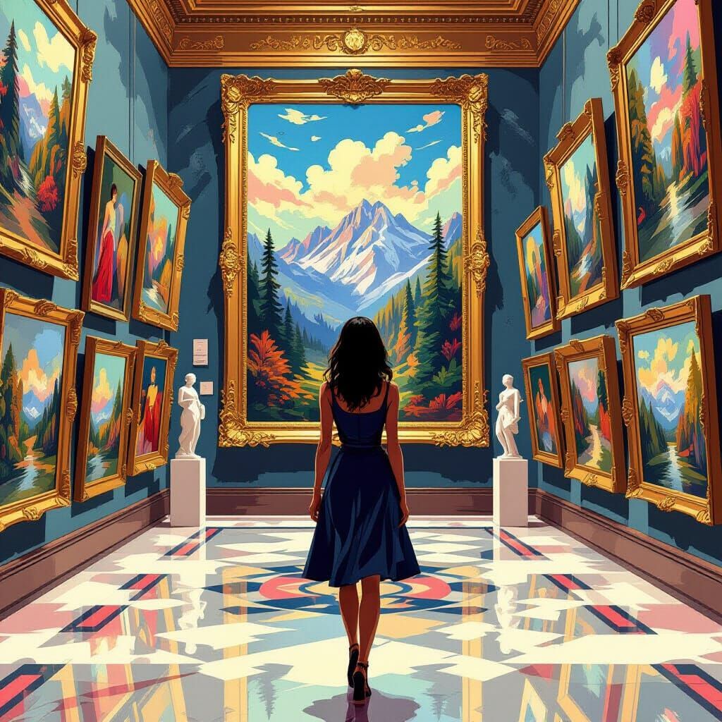 Woman in Art Gallery, Ink Wash Painting Style