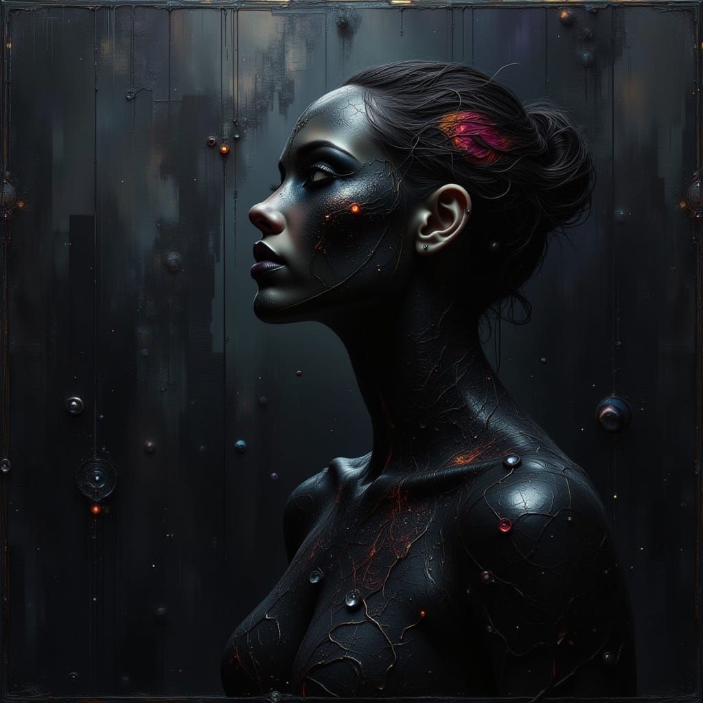 Dark Fairy Punk in a Vast Black Expanse with Glitch Art Text...