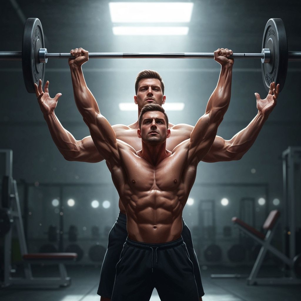 Muscular Men Spotting Overhead Press in Dramatic Gym Lightin...