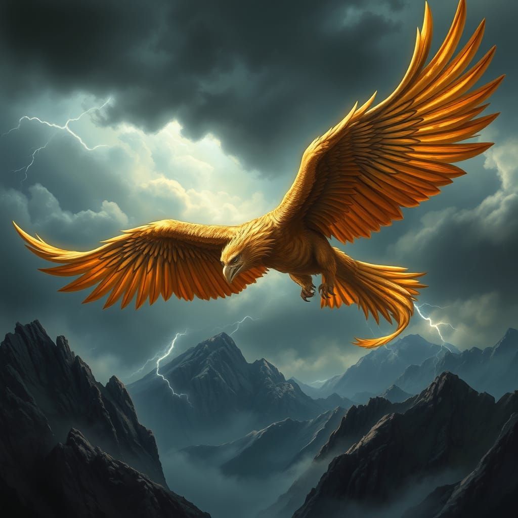 Griffin Soaring Through Stormy Sky in Digital Art