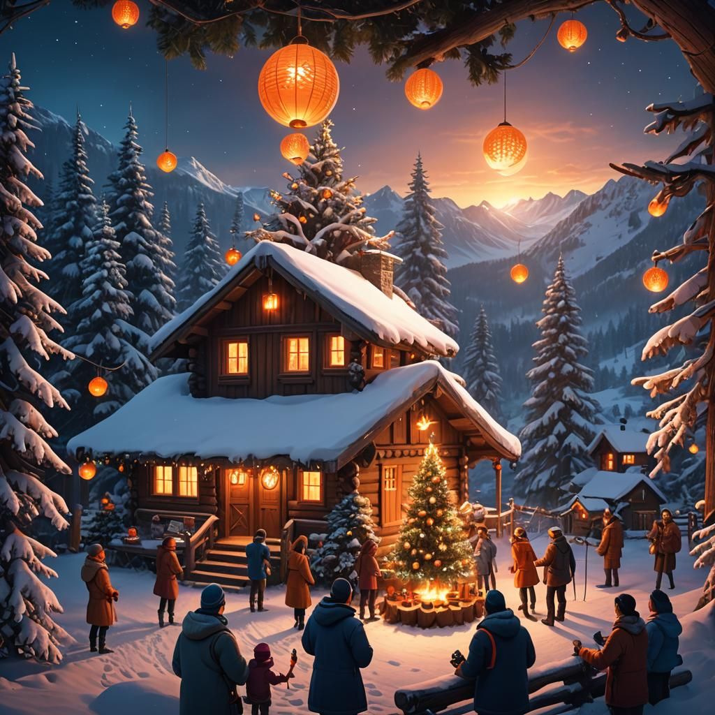 Friends Gather in Snowy Cabin for Christmas